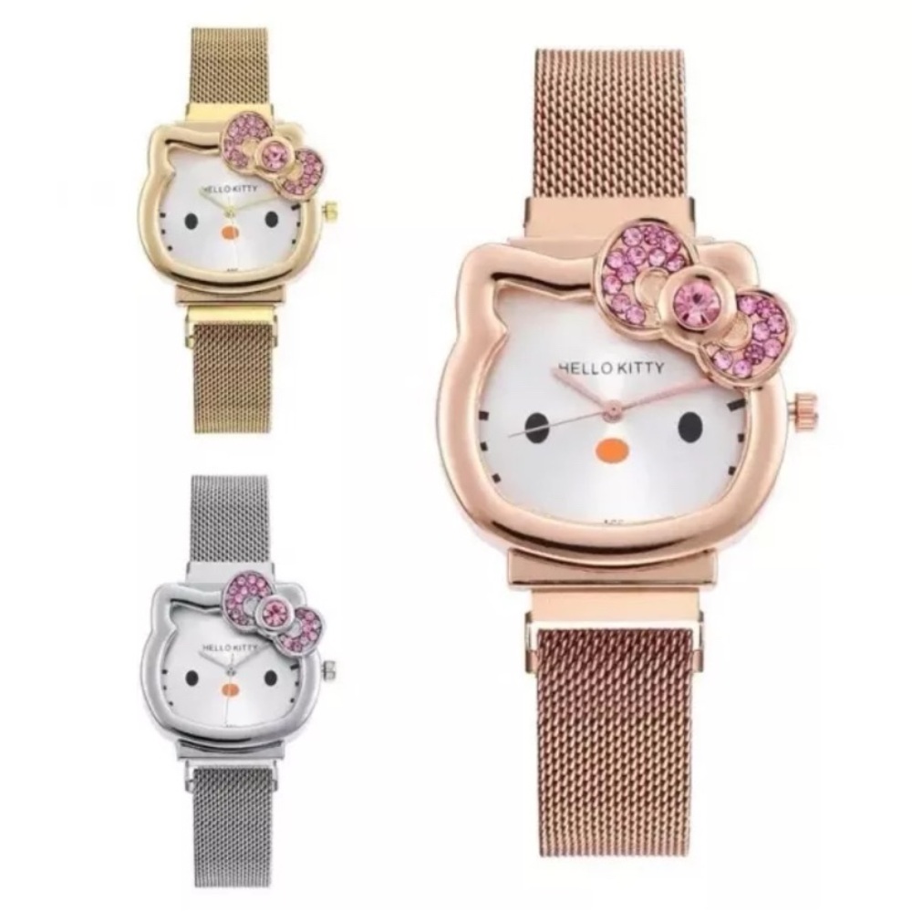 Hello Kitty Diamond Watch Cat Bow Kawaii Pink Ladies Gold Sliver Metal